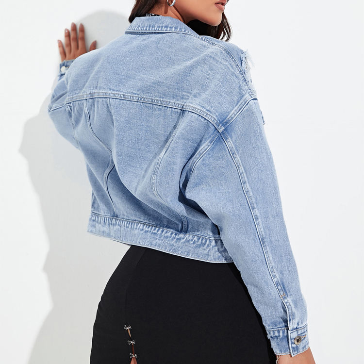 Women's Light Wash Distressed Oversized Cropped Denim Jacket with Button Placket