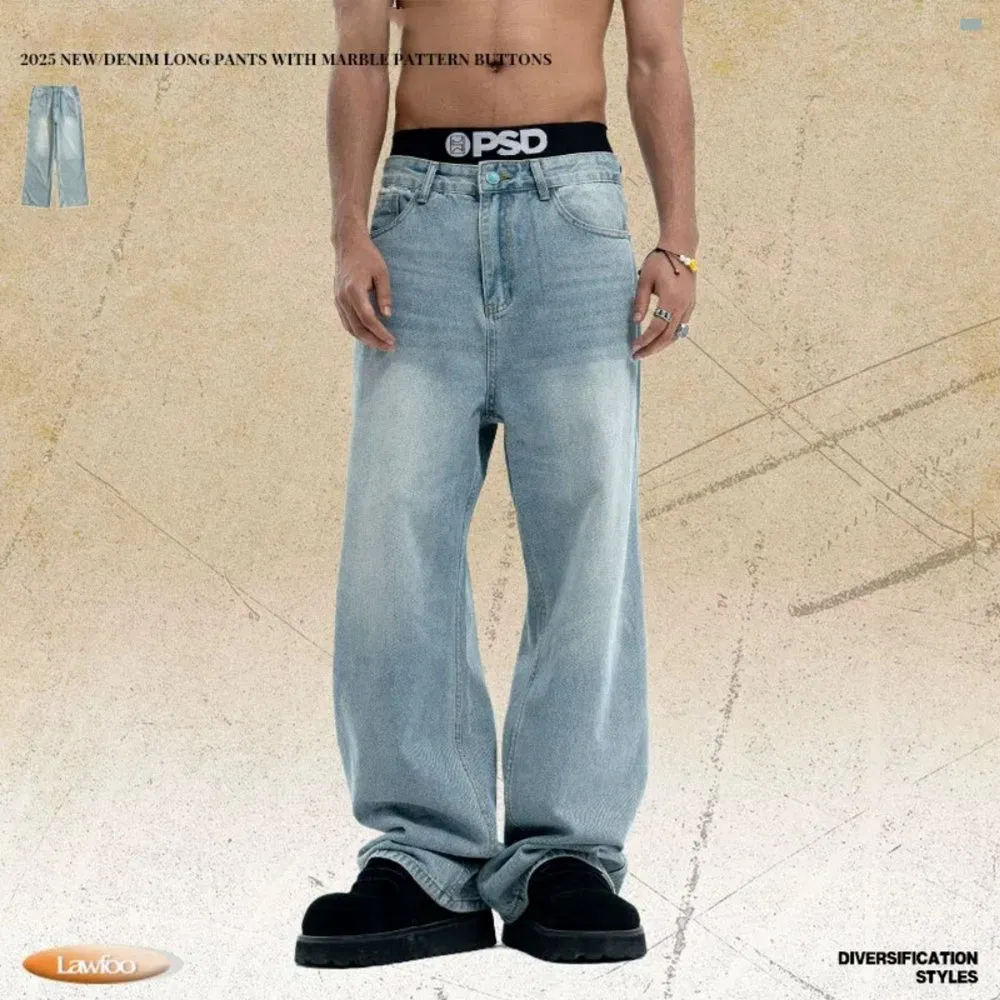 American Vintage Distressed Frayed Jeans Water-Washed Relaxed Fit Slimming Wide-Leg Pants Casual Straight-Leg Trousers