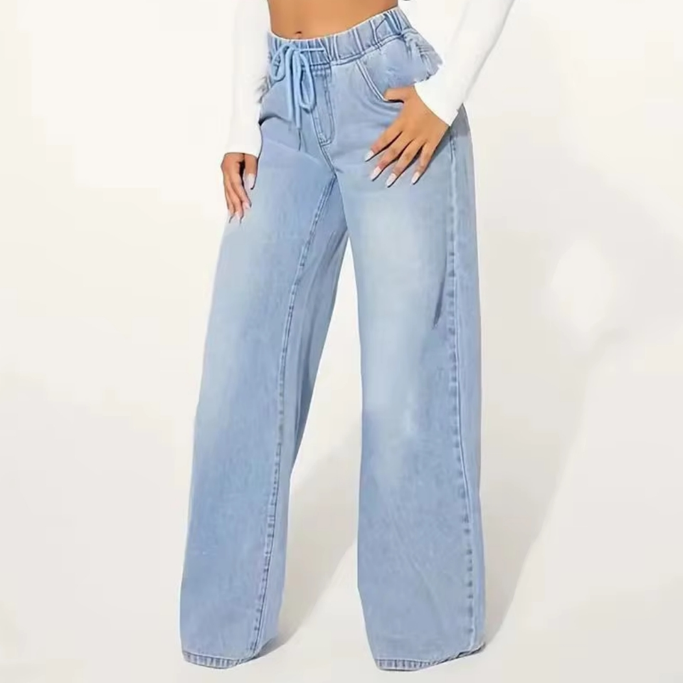 Women's Casual Vintage Light Blue Denim Jeans High Waist Drawstring Loose