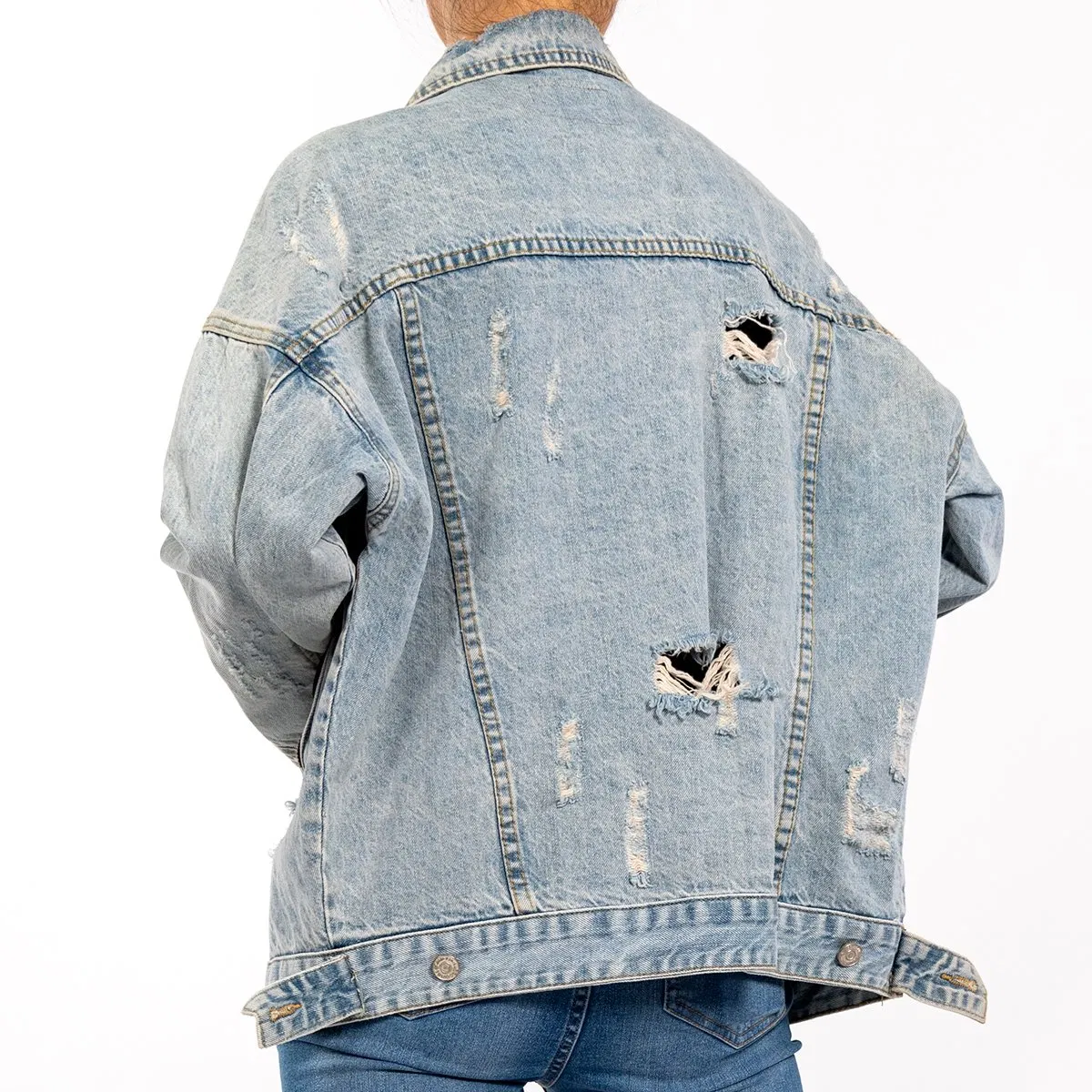 Custom Light Blue Oversized Ripped Vintage Denim Jean Jacket Women