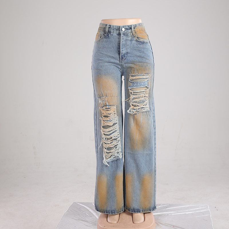 Women Casual High Waist Elegant Ripped Straight Leg Jeans Fashion Non-Stretch Denim Distressed Wide Leg Pants