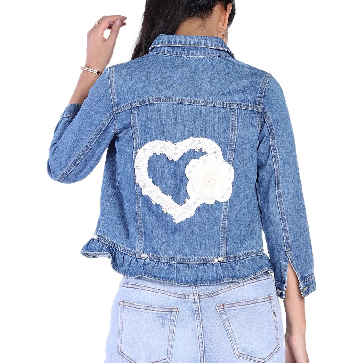 Custom Light Blue Pleated Ruffle Hem Cropped Denim Jackets for Women