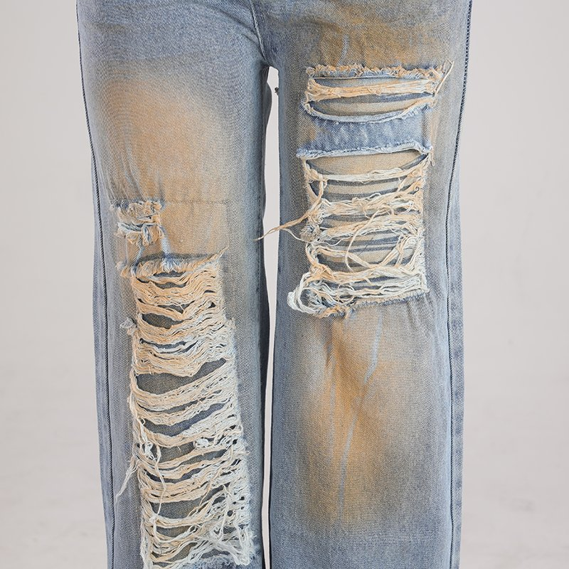 Women Casual High Waist Elegant Ripped Straight Leg Jeans Fashion Non-Stretch Denim Distressed Wide Leg Pants