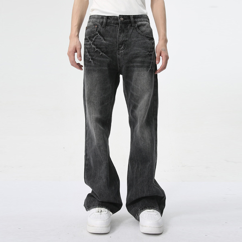 Custom New Fashion Hip Hop Men's Black Distressed Stacked Wide Leg Jeans