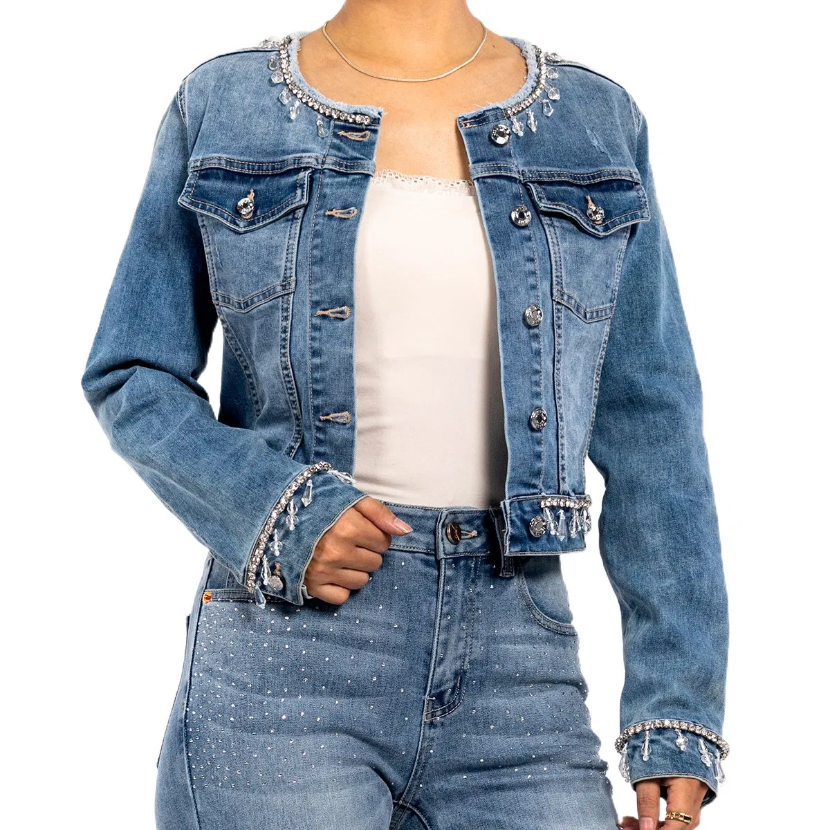 Fashion Design Women Vintage Hand Sewn Drill Long Sleeve Cropped Denim Jacket