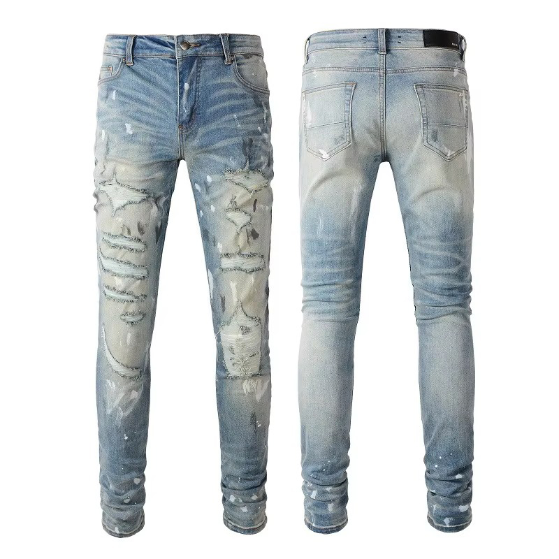 OEM Custom Wholesale Men's Hip Hop Printed Ripped Skinny Jeans