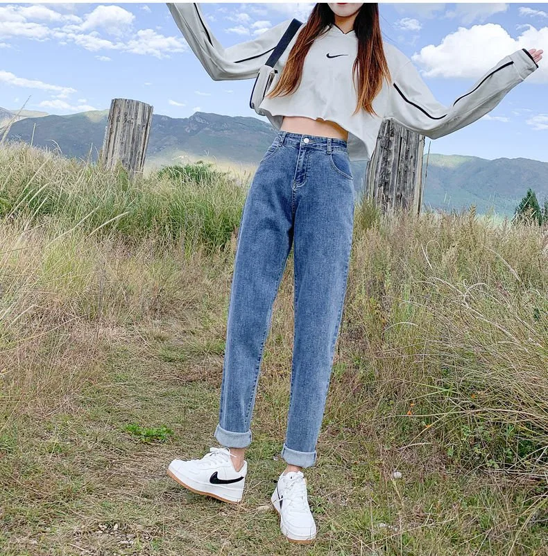 Lady Casual Streetwear Workout Harem Boyfriend High Waist Mom Jeans Ladies Denim Trousers Pants
