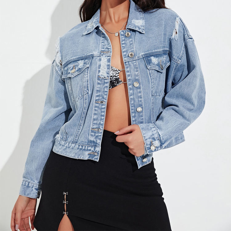 Women's Light Wash Distressed Oversized Cropped Denim Jacket with Button Placket