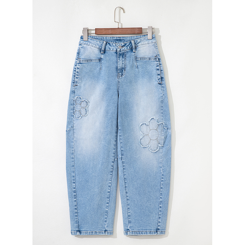 Dear-Lover Wholesale Boutique Western Clothing Pantalones Mujer Fashion Trendy Flower Patched Light Wash Cropped High Waist Jeans