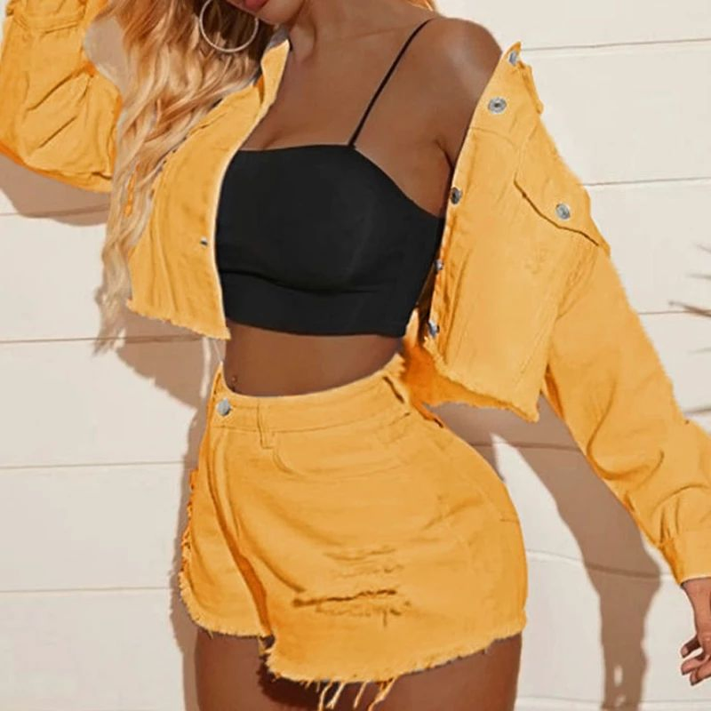 Women's Cropped Jeans Jacket Denim Fringed Short Coats for Women Autumn Holes Vintage Casual Jackets