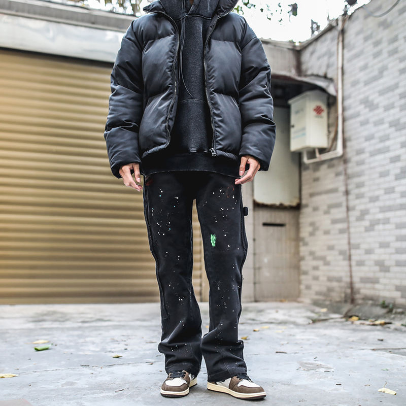 Factory Customized Hip-Hop Graffiti Cargo Denim Pants Khaki Black Trousers High Quality Splash Paint Wide Leg Jeans Men Flared Designer Denim Jeans