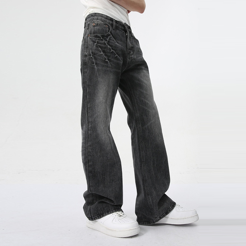 Custom New Fashion Hip Hop Men's Black Distressed Stacked Wide Leg Jeans