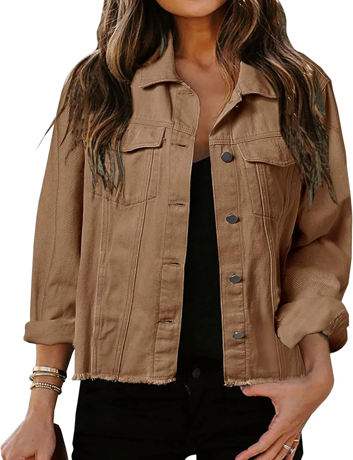 Women's Jean Jacket Frayed Washed Button up Cropped Denim Jacket with Pockets