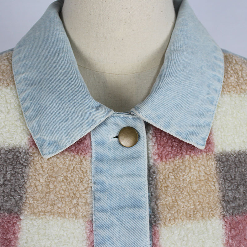 Women's Winter Casual Plaid Sherpa and Light Blue Wash Denim Patchwork Jacket