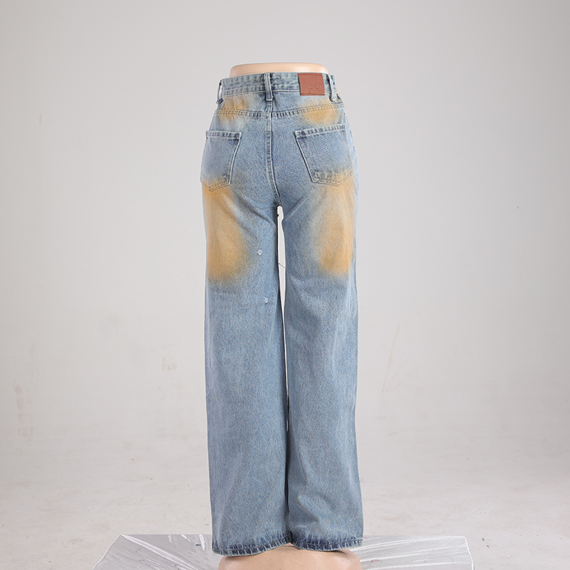 Women Casual High Waist Elegant Ripped Straight Leg Jeans Fashion Non-Stretch Denim Distressed Wide Leg Pants