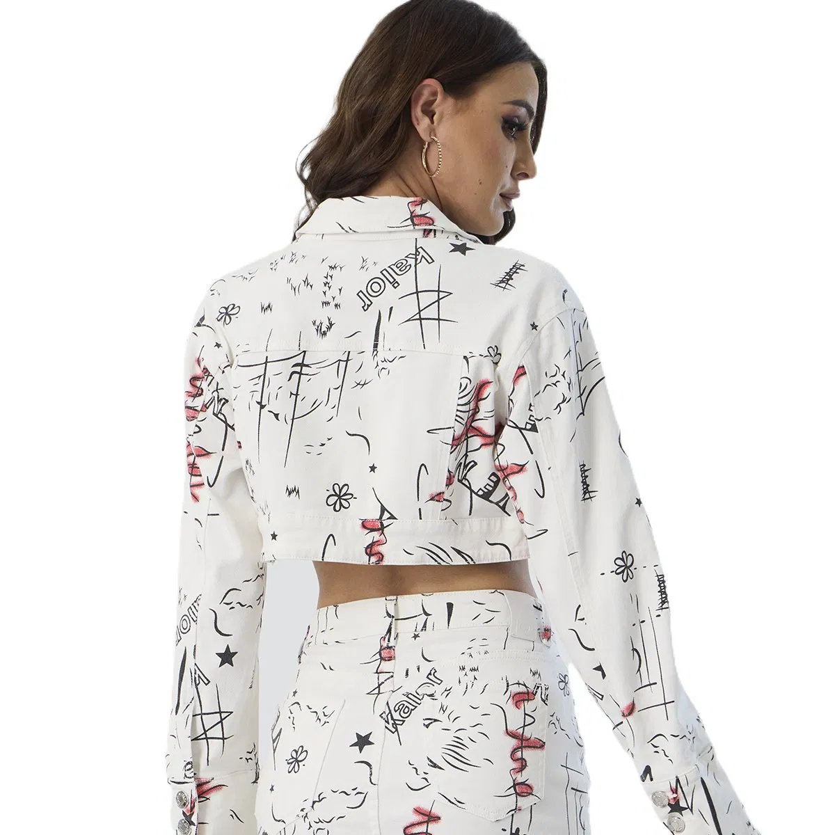 Custom Distressed White Cropped Logo Printing Long Sleeve Women Denim Jacket