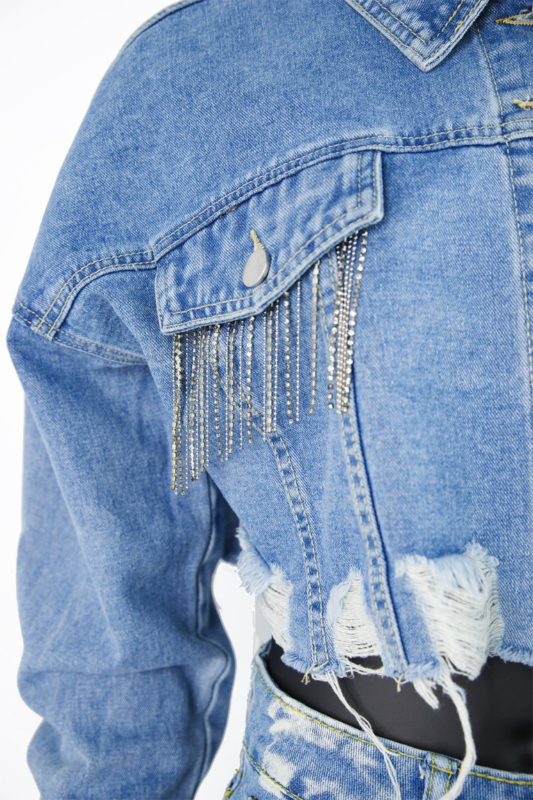 GM03 Women's Vintage Casual Cropped Fringed Short Denim Jackets and Coats with Rhinestone Details
