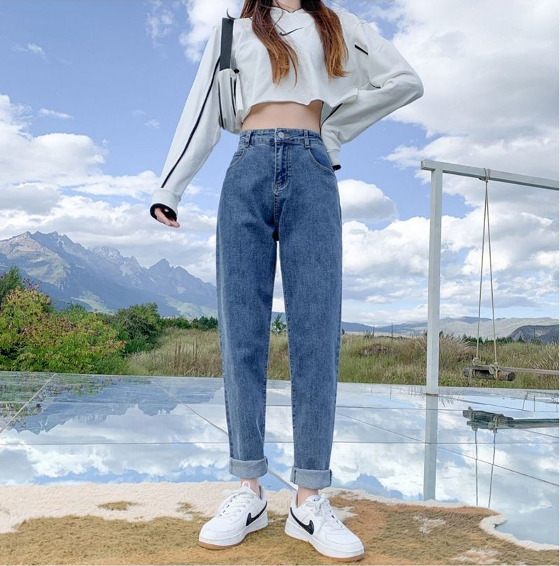 Lady Casual Streetwear Workout Harem Boyfriend High Waist Mom Jeans Ladies Denim Trousers Pants