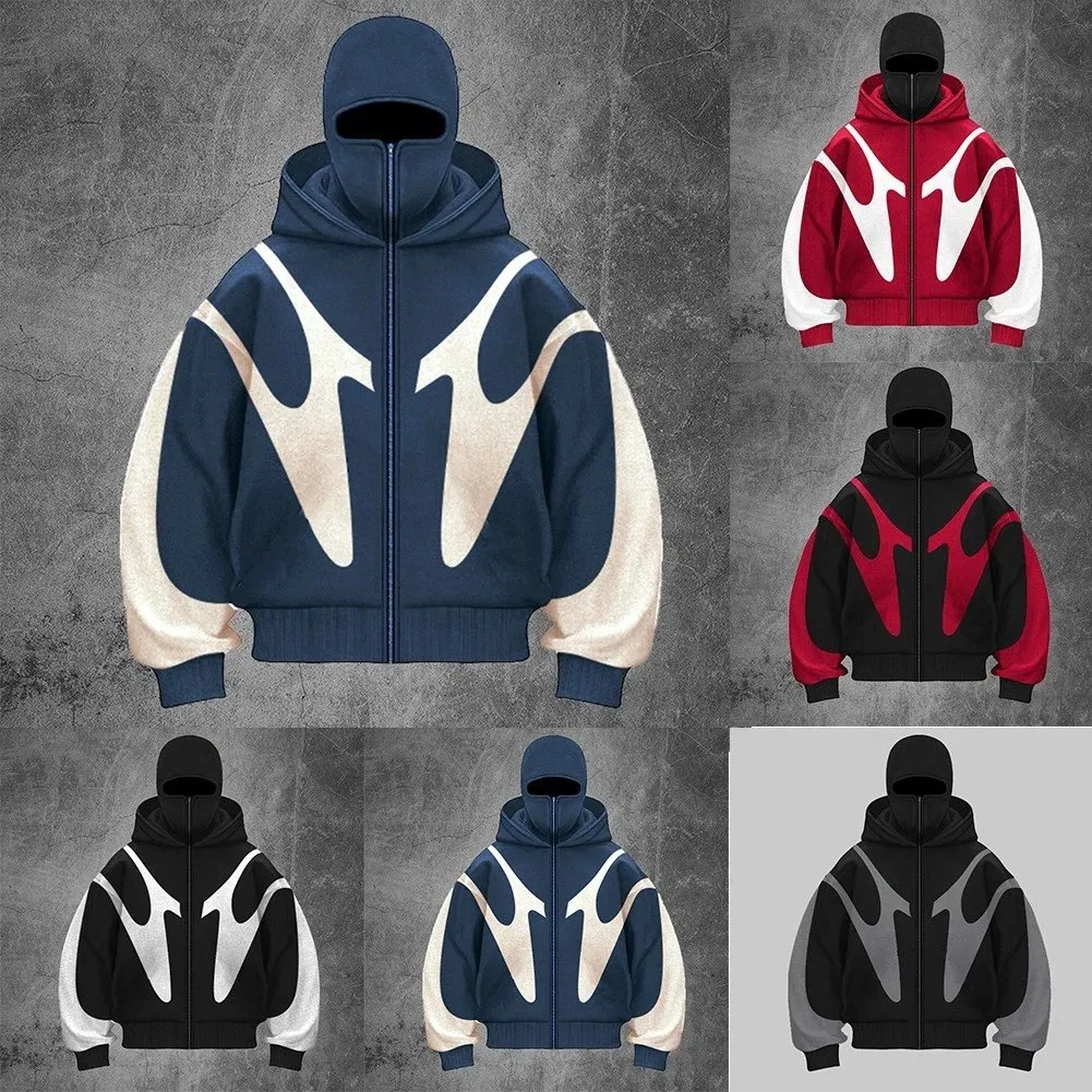 Custom Unisex Acid Wash 500GSM Cotton Full Zip up Double Hoody Unique Design Balaclava Hoodies Men's Streetwear Ninja Oversized Pullover Sweatshirt