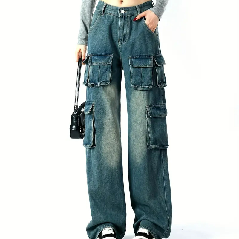 Versatile Women's High-Waisted Wide Leg Dark Washed Multi-Pockets Cargo Jeans