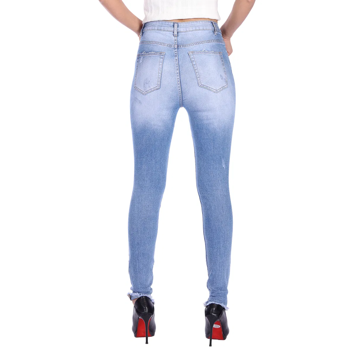 Custom High Waisted Light Blue Ripped Design Raw Hem Women Skinny Jeans