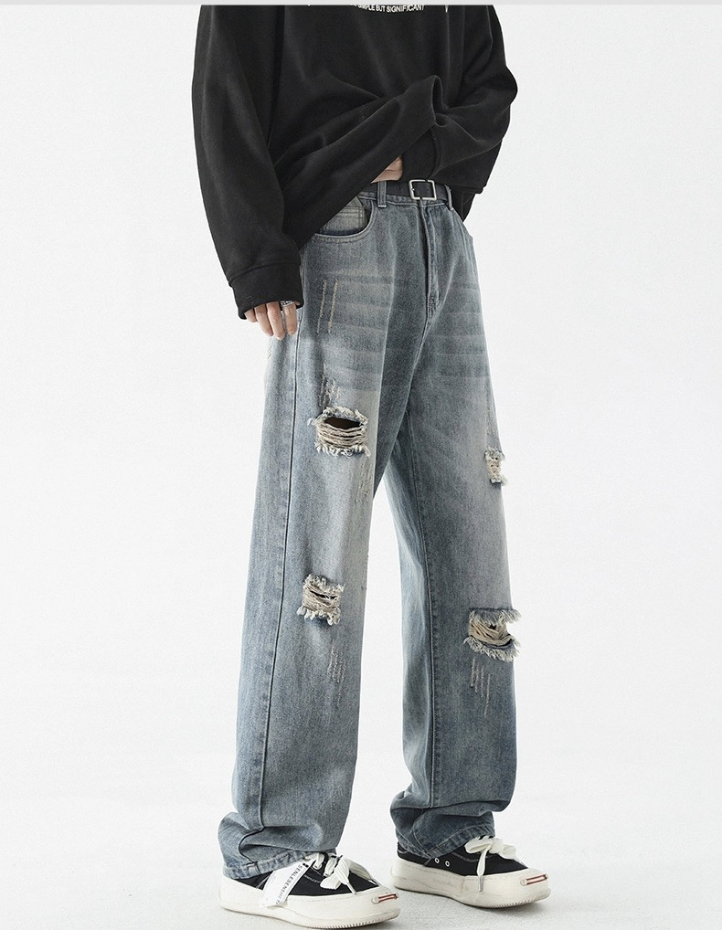 Men's Multi Distressed Design Denim Jeans Loose Straight Wash Blue Men Jeans