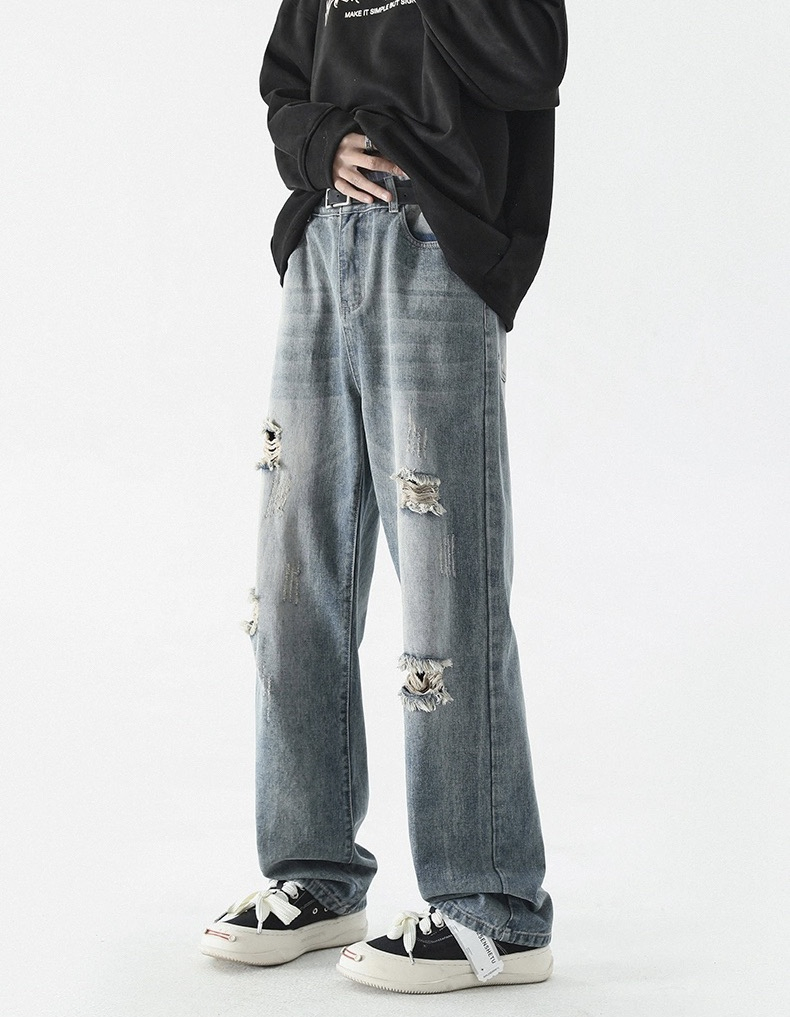 Men's Multi Distressed Design Denim Jeans Loose Straight Wash Blue Men Jeans