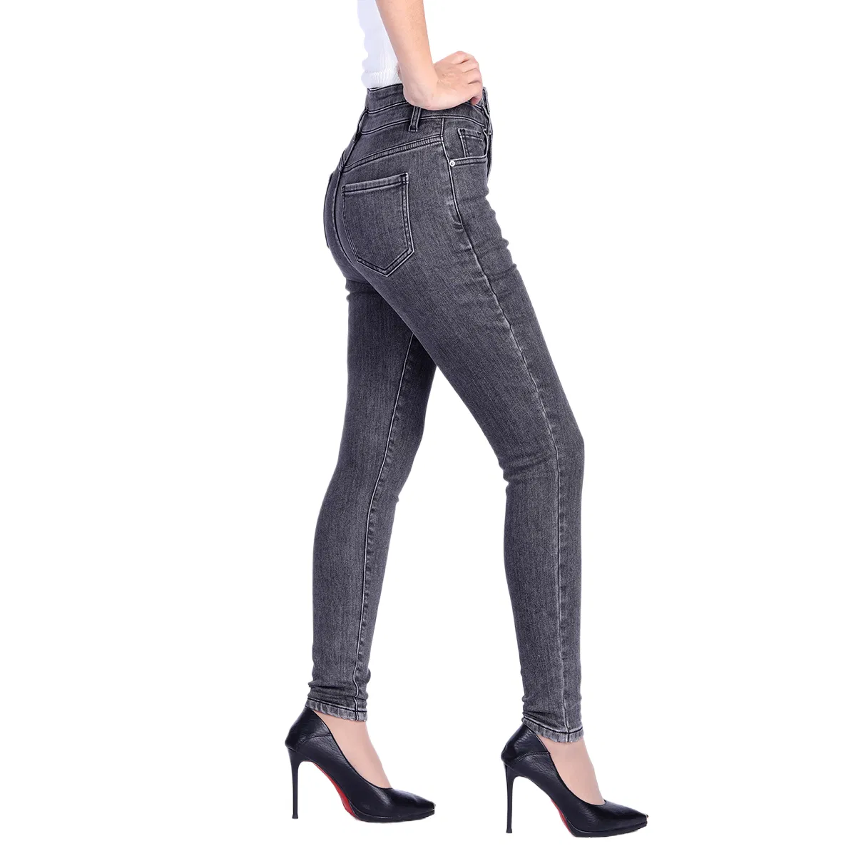 Custom Double Button Closure Grey Faded Skinny Fit Jeans for Women