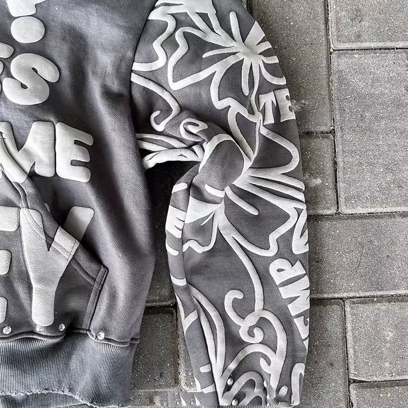 Custom Logo Men's Rhinestone Acid Wash Vintage Puff Printing Pullover Oversized Heavyweight Zip up 100% Cotton Fleece Terry Hoodies for Men