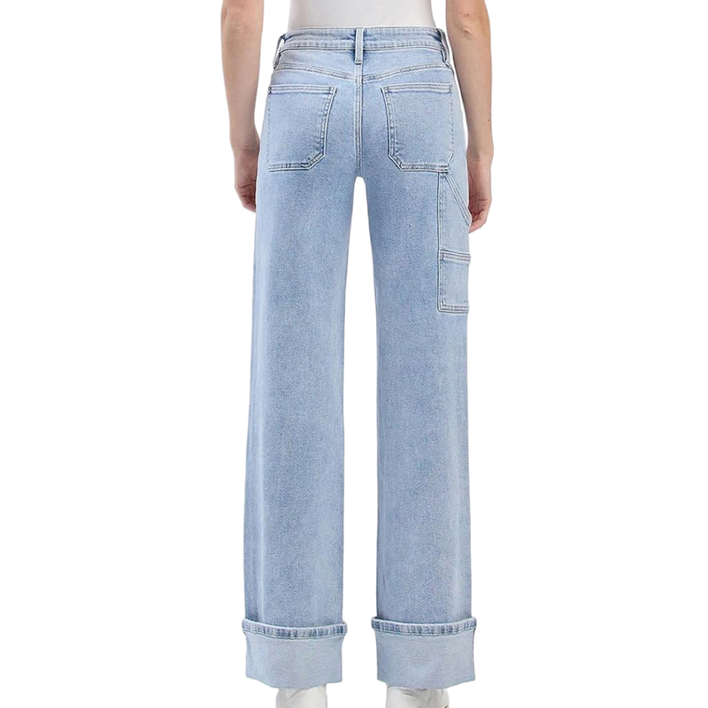 Custom Women's Fashion Washed Blue Panelled Hemmed Jeans Ladies Pants Long Denim Jean Women's Clothing Customized Jeans Straight Leg Jeans