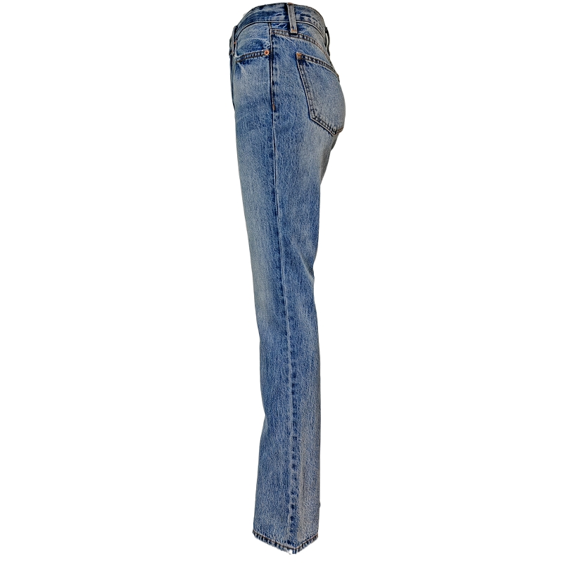 Custom Light Blue Wash Denim Flared Trousers High Waisted Scratched Women Wide Leg Jeans Ladies Long Pants