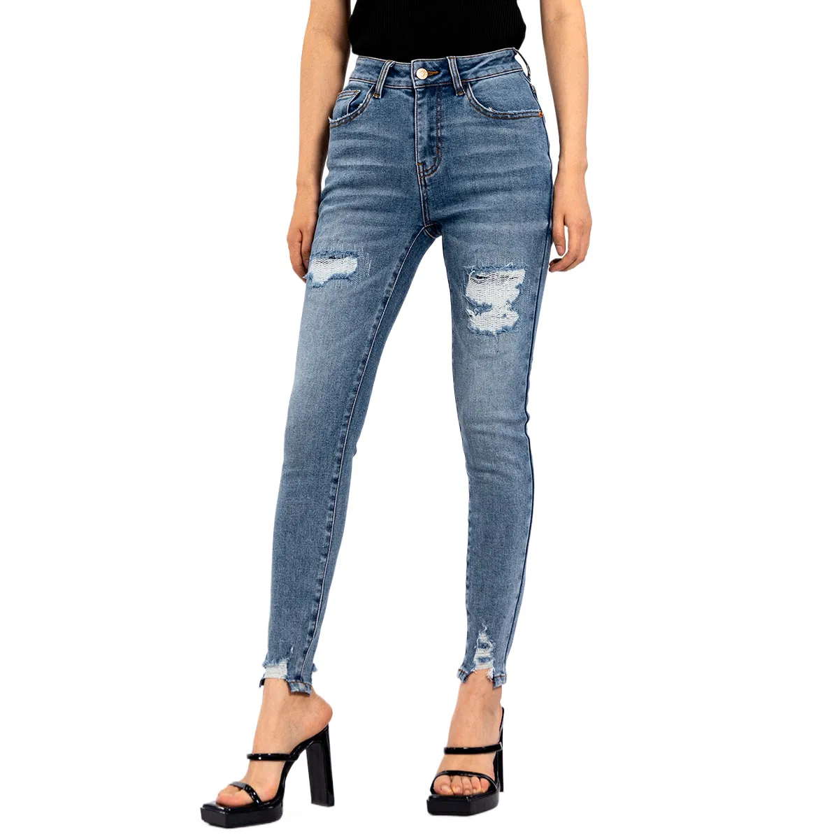 Custom Logo High Waist Tummy Control Ripped Cropped Jeans for Women