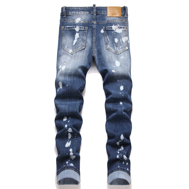 High Street Wind DMS Embroidered Jeans Men's Ripped Elastic Slim Legs Men Denim Jeans Casual Distressed Streetwear Washed Jeans