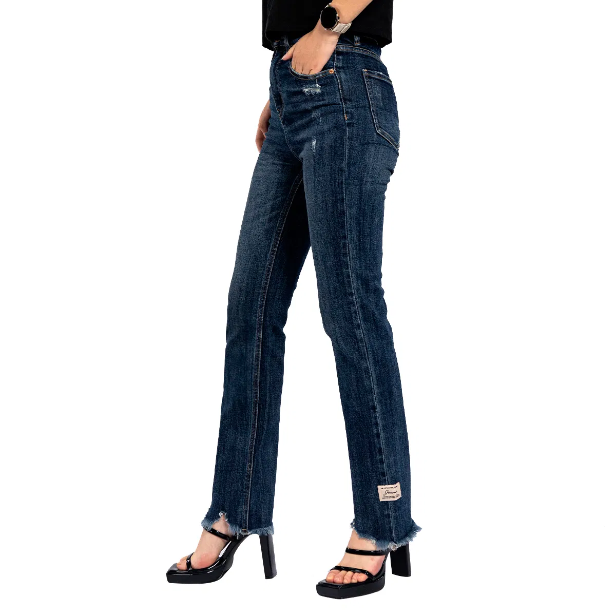 Women Wash Blue Design Cropped Raw Hem Skinny High Waist Jeans