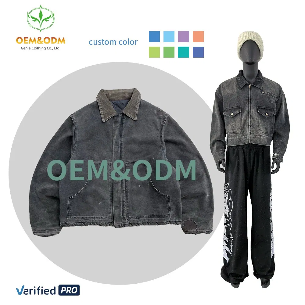 Custom Streetwear Y2K Fashion Suede Collar Retro Acid-Washed Distressed Denim Ripped Jacket, Loose Short Oversized Men's Jacket Clothing