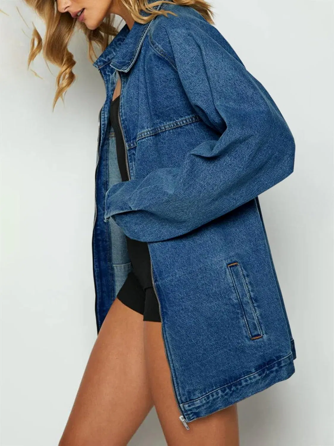 Women's Oversized Denim Jacket Zip Front Long Sleeve Pocket Casual