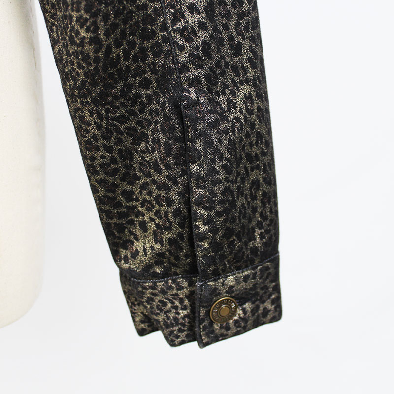 Women's Cotton Spandex Denim Shining Leopard Print Customer Design Cropped Button Jacket