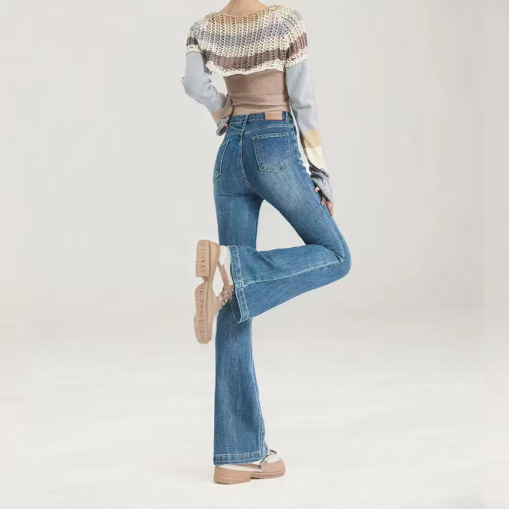 Spring/Summer High-Waisted Cropped Bell-Bottom Flared Jeans for Petite Women Quality Slim Fit Denim Pants Breathable Casual