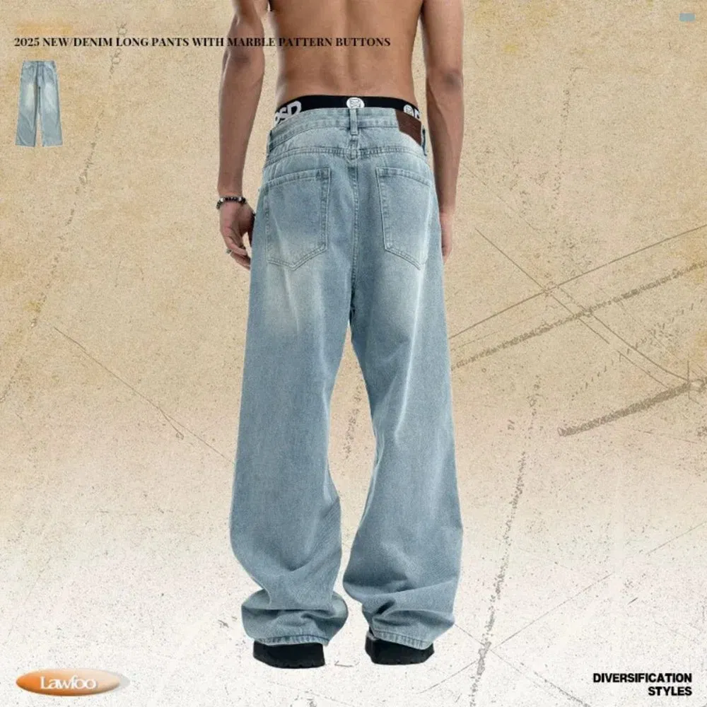 American Vintage Distressed Frayed Jeans Water-Washed Relaxed Fit Slimming Wide-Leg Pants Casual Straight-Leg Trousers