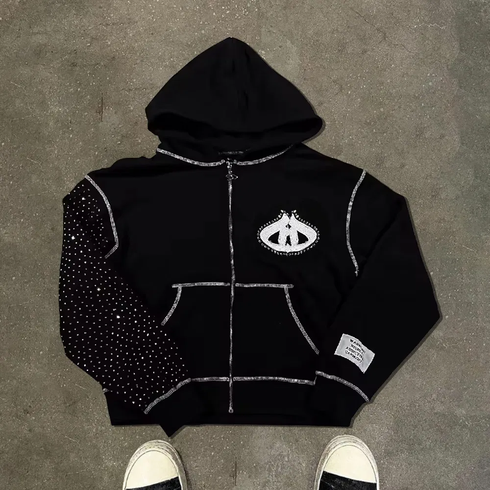 Luxury Spring Cotton Patch Zipper Hoodie for Men Customized Logo Oversized Embroidery Hoodie Streetwear Rhinestone Zip up Hoodie