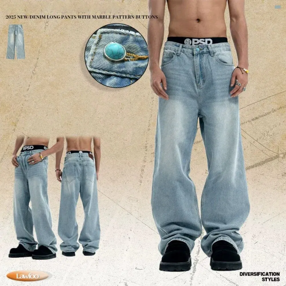 American Vintage Distressed Frayed Jeans Water-Washed Relaxed Fit Slimming Wide-Leg Pants Casual Straight-Leg Trousers