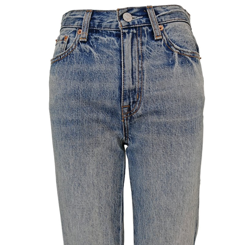 Custom Light Blue Wash Denim Flared Trousers High Waisted Scratched Women Wide Leg Jeans Ladies Long Pants