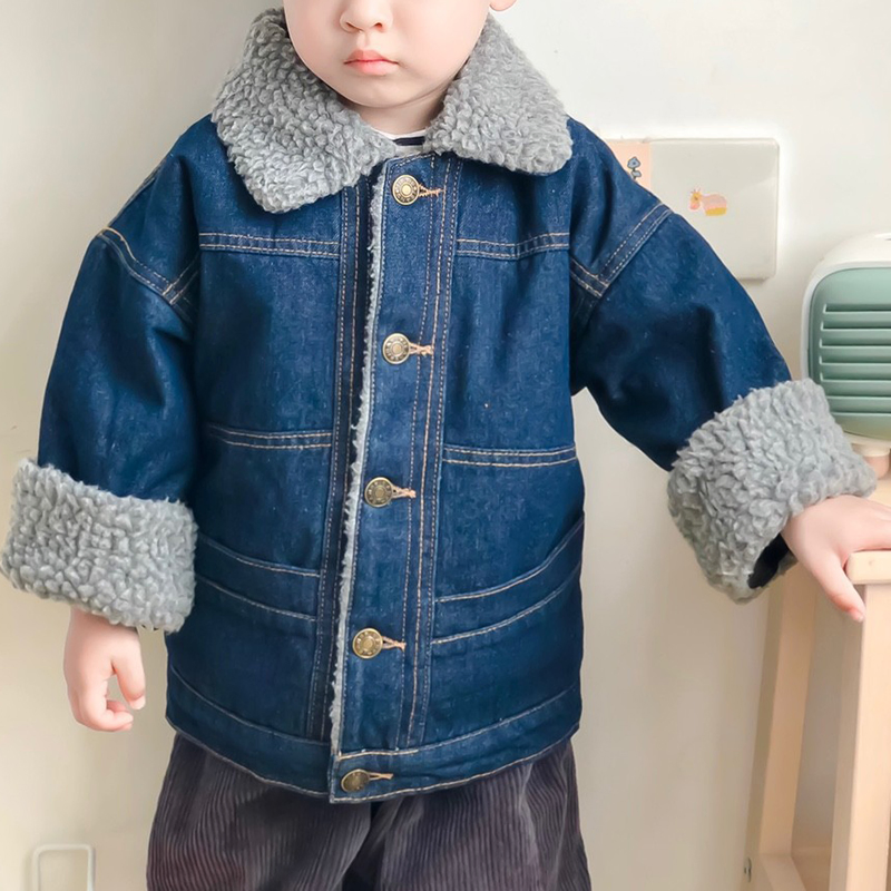 Boys Winter Lapel Enzyme Wash Denim Warm Button Jacket with Sherpa Lining