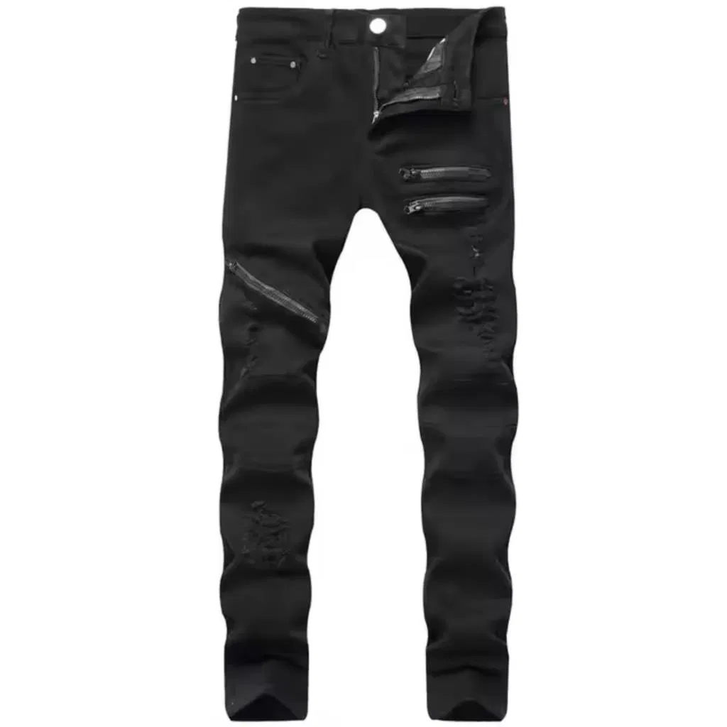 Custom Distressed Enzyme Washed Stonewashed Streetwear Hip Hop Male Ripped Slim Fit Denim Men Skinny Jeans