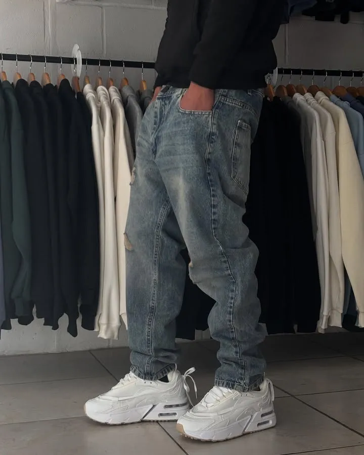 Custom Men's Distressed Straight Leg Vintage Wash Jean