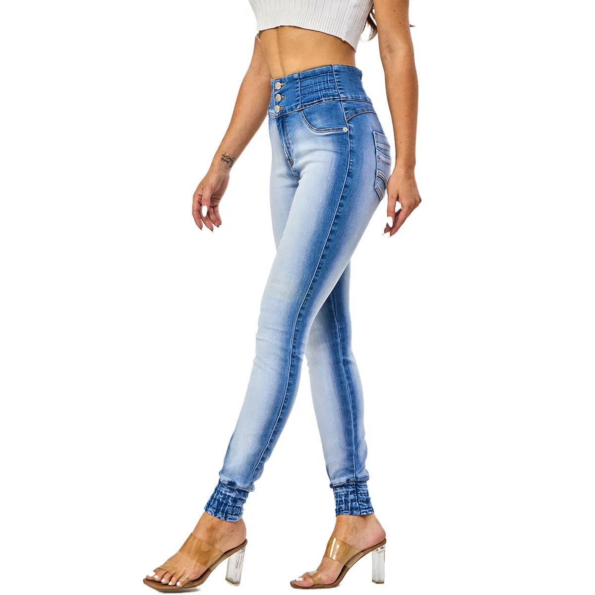 Custom Vibrant Medium Blue Bleach Pants Washed Pleated Hem Jogger Women Skinny Jeans