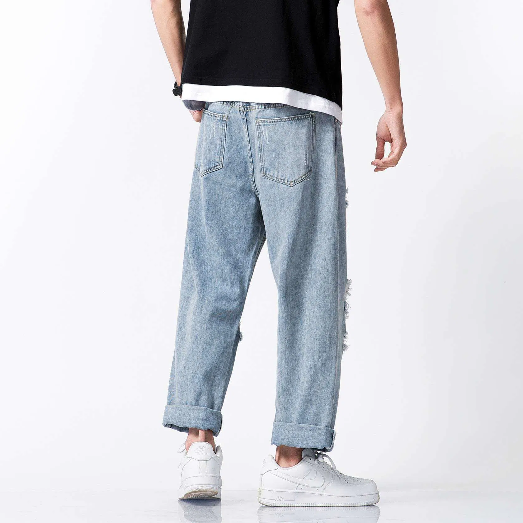 Fall Fashion Men's Street Style Washed and Frayed Distressed Casual Jeans