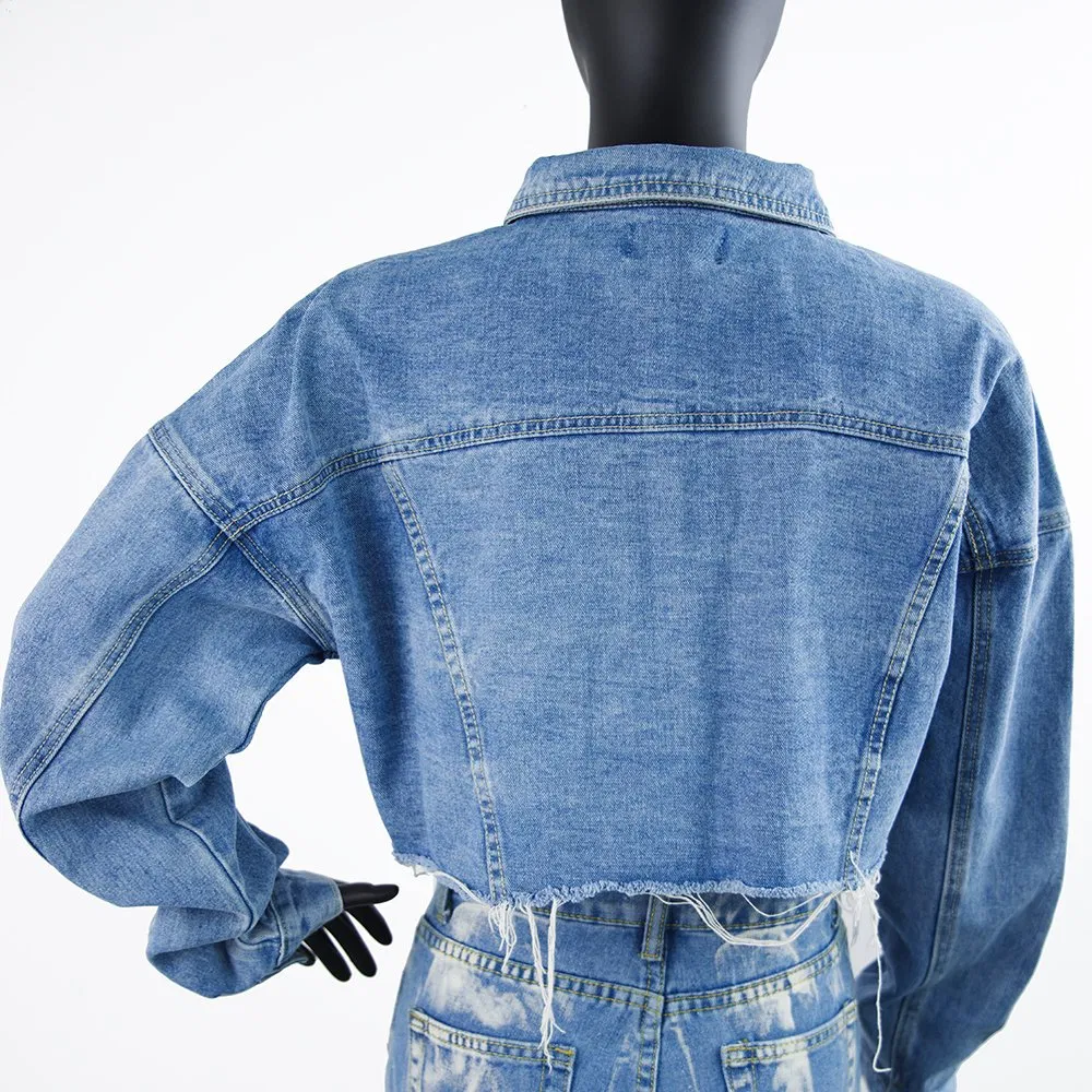GM03 Women's Vintage Casual Cropped Fringed Short Denim Jackets and Coats with Rhinestone Details