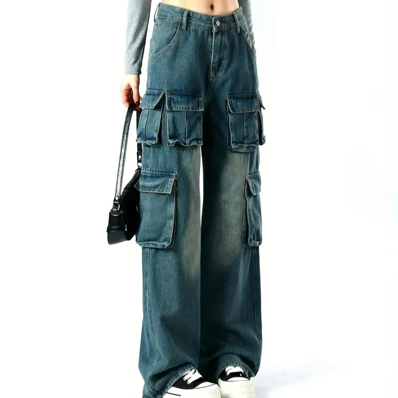 Versatile Women's High-Waisted Wide Leg Dark Washed Multi-Pockets Cargo Jeans