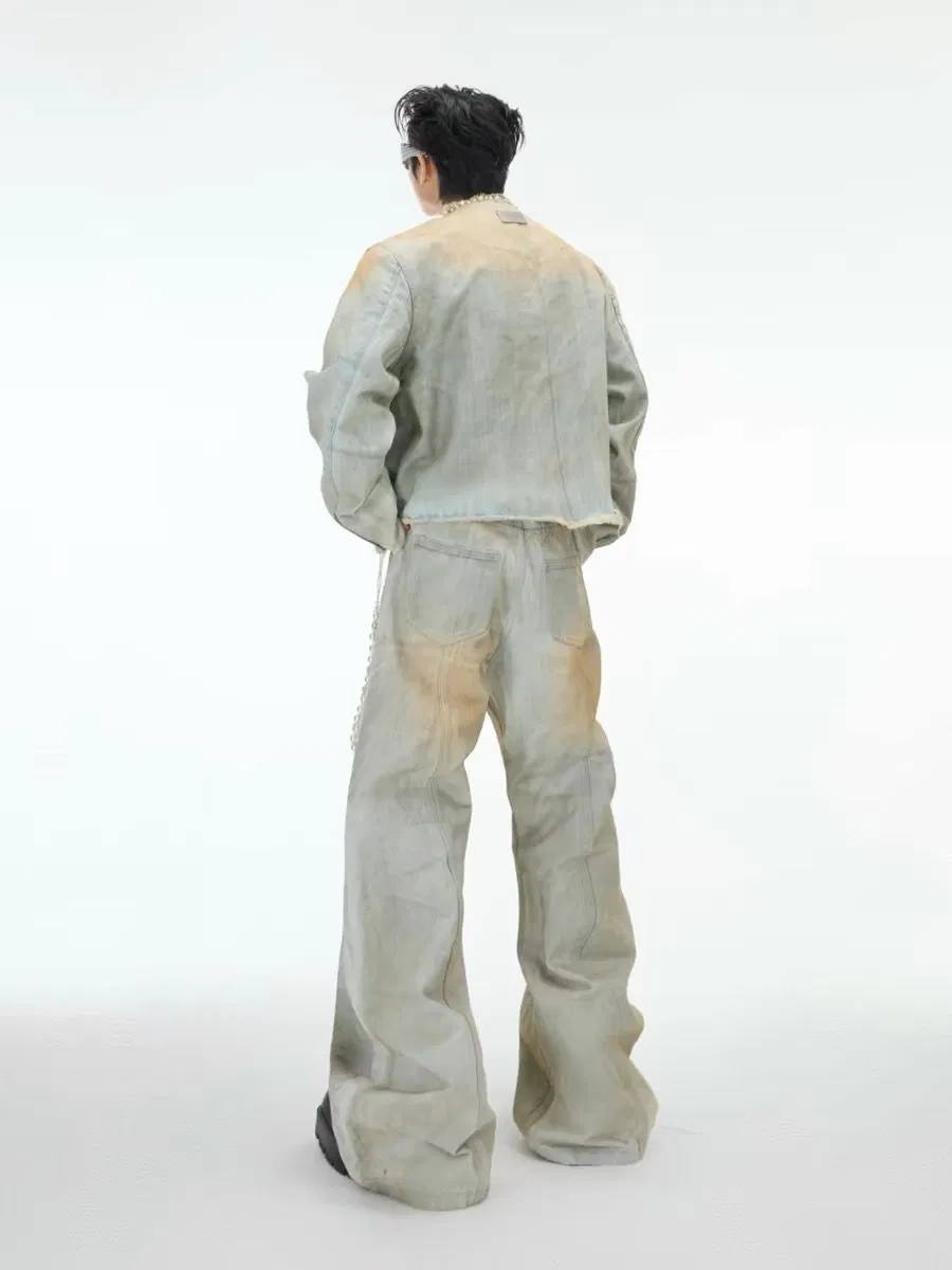 Custom Men Fashion Gradient Washed Denim Cropped Jacket with Pearl Trim Raw Frayed Edges